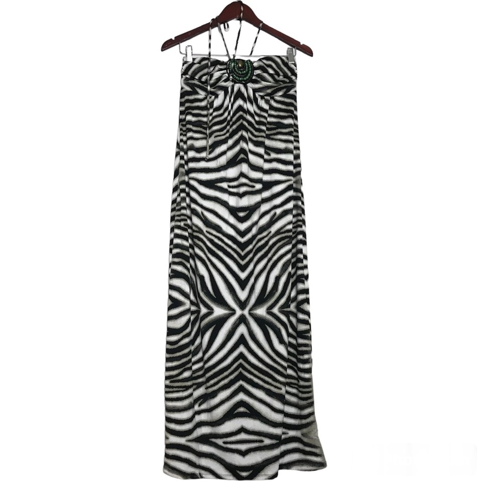 Heart Soul Y2K Womens Black Zebra Print Beaded Halter Maxi Dress Size M Boho